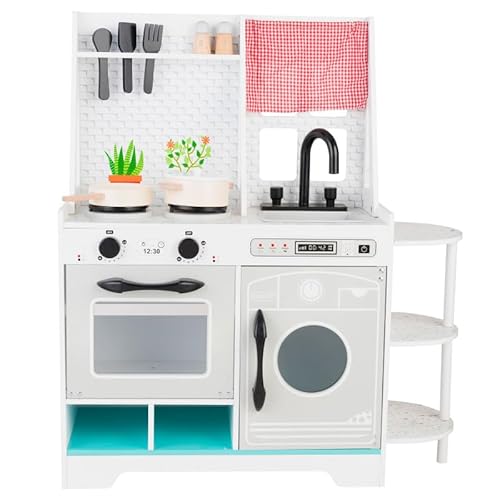 Unique Nature Kinderküche Holz TinyTreats – Spielküche 81x70,5x27 cm weiß-rosa-blau ab 3 Jahren, stabile Holzküche mit Herd, Backofen, Spüle, Waschmaschine & Zubehör von Unique Nature