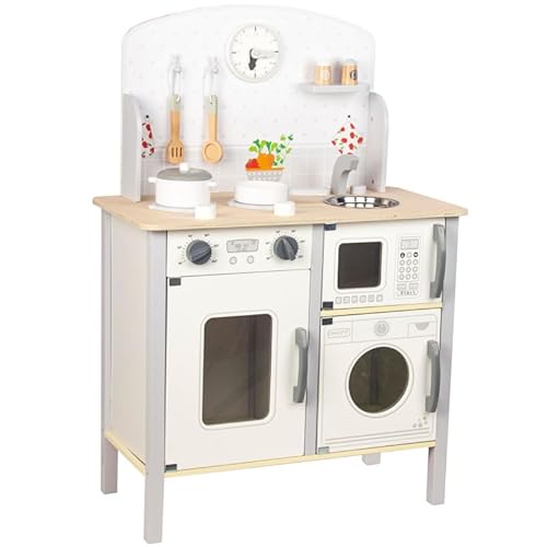Unique Nature Kinderküche Holz weiß/grau 78x60x29,7 cm – Spielküche ab 3 Jahren, stabile Holzküche mit Herd, Spüle, Backofen, Mikrowelle & Zubehör, pädagogisch wertvolles Rollenspiel von Unique Nature