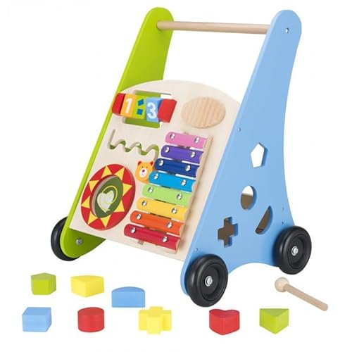Unique Nature Lauflernwagen Holz für Babys ab 12 Monaten – pädagogischer Motorik-Lernwagen 45,5x36,5x30,5 cm mit Musik, Formen, Sortierer, Trommel & Zimbeln von Unique Nature