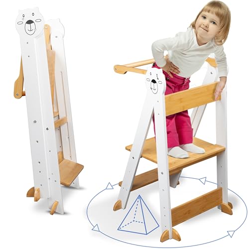 Unique Nature STARTPREIS Montessori Tower – Lernturm aus Holz weiß – klappbarer Lernturm für Kinder ab 1 Jahr - 360° Kippschutz mit Rausfallschutz, rutschfest & kippsicher – fördert Selbstständigkeit von Unique Nature