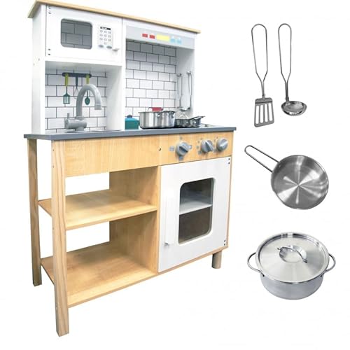 Unique Nature Retro Kinderküche Holz – Spielküche 89,5x54x30 cm weiß-grau ab 3 Jahren, stabile Holzküche mit Herd, Backofen, Mikrowelle, Spüle, Regal & Zubehör von Unique Nature