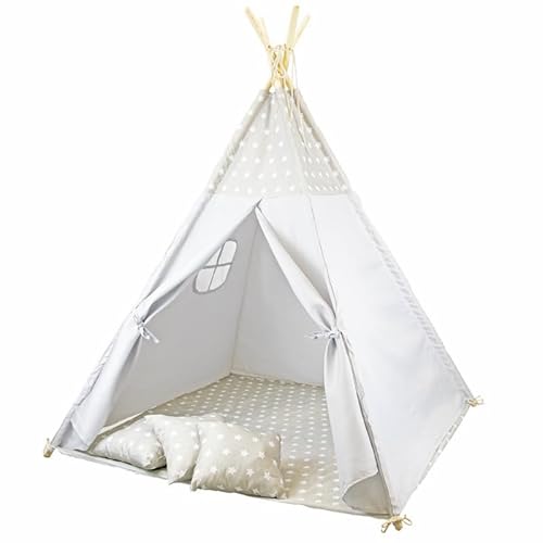 Unique Nature Tipi Zelt Kinder 120x120x180 cm grau mit Sternenmuster & Kissen – Indoor Spielzelt faltbar mit Holzrahmen, Fenster, Rutschfester Matte & schneller Aufbau für Kinderzimmer von Unique Nature