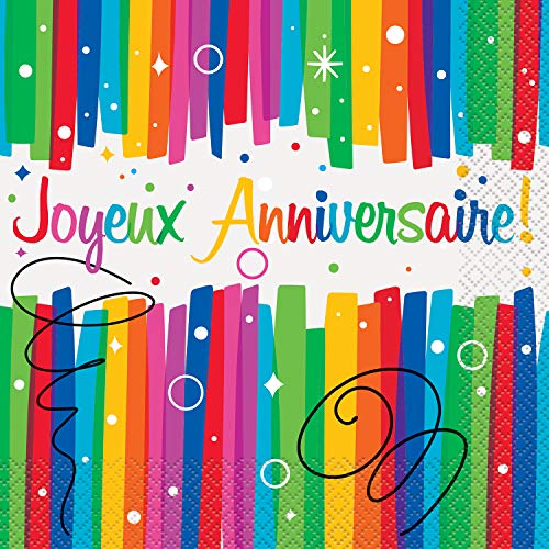 Papierservietten - 16,5 cm - "Joyeux Anniversaire"-Regenbogenschleifen - Packung mit 16 Stück von Unique