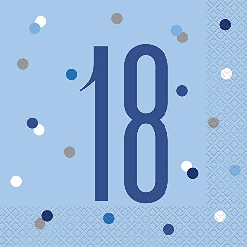 Papierservietten - Zahl 18 - 16,5 cm - Glitzer Blau & Silber Geburtstag - 16er-Packung von Unique