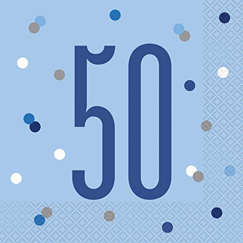 Papierservietten - Zahl 50 - 16,5 cm - Glitzer Blau & Silber Geburtstag - 16er-Packung von Unique