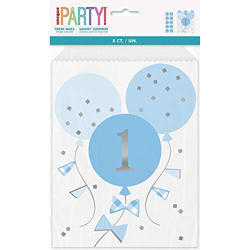 Partytaschen aus Papier - Blauer Gingham 1. Geburtstag - 8er-Pack von Unique Party