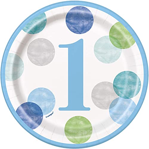 Pappteller - 18 cm - Blaue Punkte 1. Geburtstag - Packung mit 8 Stück Pappteller - 18 cm - Blaue Punkte 1. Geburtstag - Packung mit 8 Stück von Unique Party
