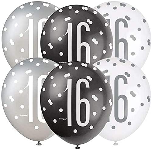 Latex-Luftballons zum 16. Geburtstag - 30 cm - Glitzer Schwarz & Silber Geburtstag - 6er-Packung von Unique
