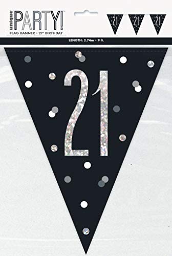 21. Geburtstags-Wimpelbanner - 2,74 m - Glitzer Schwarz & Silber Geburtstag von Unique