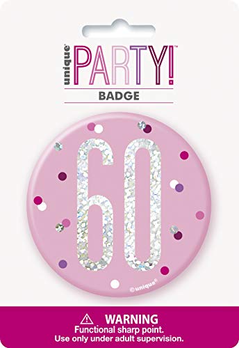 60. Geburtstags-Anstecker - 7,5 cm - Glitzer Rosa & Silber Geburtstag von Unique
