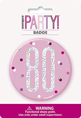 80. Geburtstags-Anstecker - 7,5 cm - Glitzer Rosa & Silber Geburtstag von Unique