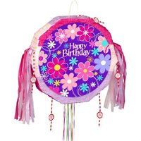 Happy Birthday Zugpinata, 48cm, Blümchen-Design, bunte Bänder von Unique