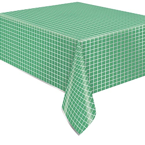 Unique 25723 - Kunststofffolie Tischdecke – 2,13 m x 1,37 m – Silber & Helle Party Grün – 1 Stück (1 Packung) von Unique