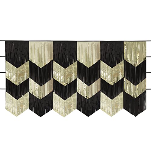 Unique 26257 Girlanden-Backdrop-Kit mit überbackenen Folienfransen-4 x 1,82 m-Farbe Schwarz & Gold-1 Stück (1 Packung), Multicolour von Unique