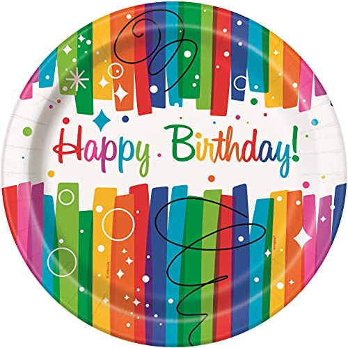 Unique 49565EU Umweltfreundliche Pappteller-23 cm-Regenbogenschleifen-Geburtstagsfeier-Packung mit 8 Stück, Multicolour von Unique