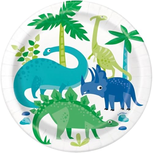 Unique 73884EU - Umweltfreundliche Pappteller – 18 cm – Blaue und Grüne Dinosaurier Party – 8 Stück (1 Stück) von Unique