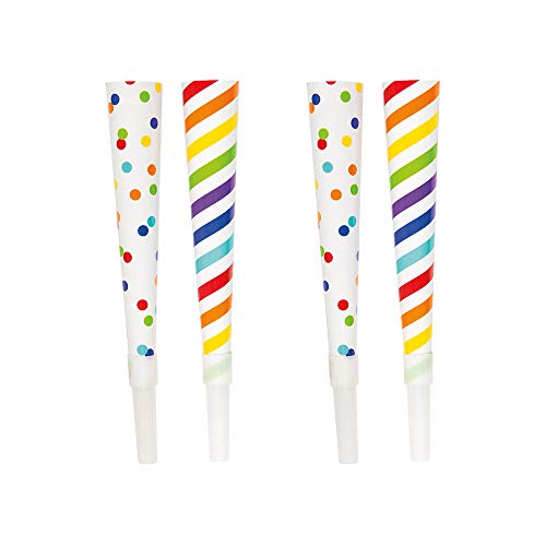 Unique 93475, 6 Stück. Partyhörner mit Streifen und Punkten, Mehrfarbig, Regenbogenfarben von Unique