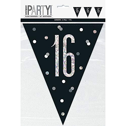 Unique Party Supplies 83423 16. Geburtstags-Wimpelbanner - 2,74 m - Glitzer Schwarz & Silber Geburtstag von Unique