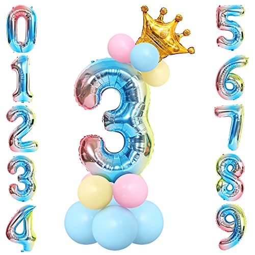 Unisun 32-Zoll-Ballon-Set aus Folien, Helium Nummer 3-Ballonturm mit Regenbogen-Farbverlauf, Krone und 12-teiligen Latexballons für Dekorationen zum Jubiläum der Prinzessin-Prinz-Geburtstagsfeier von Unisun