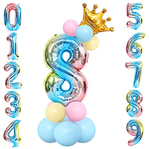 Unisun 32-Zoll-Ballon-Set aus Folien, Helium Nummer 8-Ballonturm mit Regenbogen-Farbverlauf, Krone und 12-teiligen Latexballons für Dekorationen zum Jubiläum der Prinzessin-Prinz-Geburtstagsfeier von Unisun