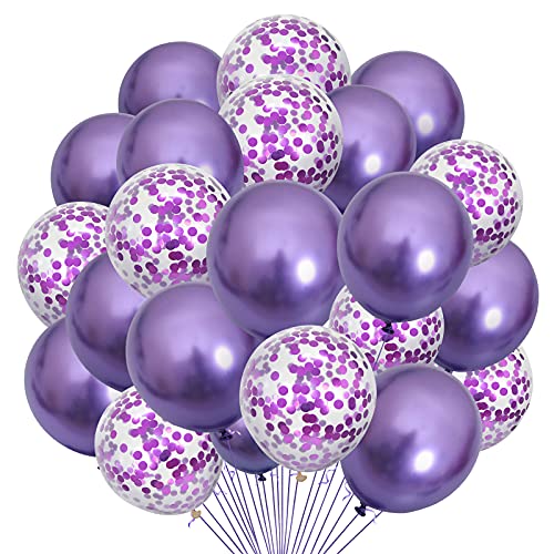 Metallische Konfetti-Ballons, 50 Stück 12 Zoll glänzende lila Luftballons mit Band, verdicken Latex-Helium-Ballons für Babyparty-Hochzeits-Geburtstags-Party-Dekorationen von Unisun