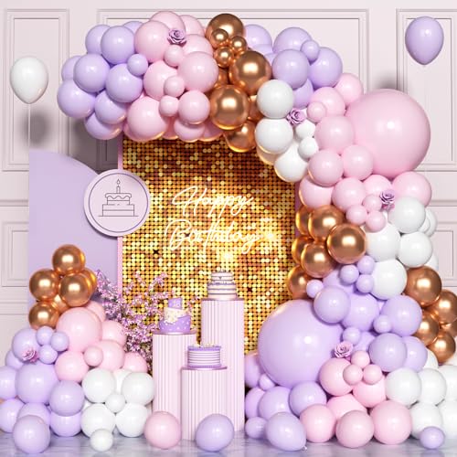 Rosa Lila Luftballon Bogen Kit, 137 Pcs Pastell Rosa Lila Ballon Girlande mit Roségold Ballon Verschiedenen Größen 5/10/12/18 Zoll für Mädchen Frauen Geburtstag Hochzeit Party Deko Baby Shower von Unisun