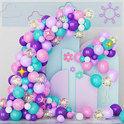 Rosa Lila Luftballons Bogen Kit, 132Pcs Rosa Lila Weiß Teal Blauen Luftballons Mit Stern Ballon, Konfetti Ballon Girlande Kit Für Einhorn Geburtstag Party Baby Dusche Mädchen Geschlecht Dekorationen von Unisun