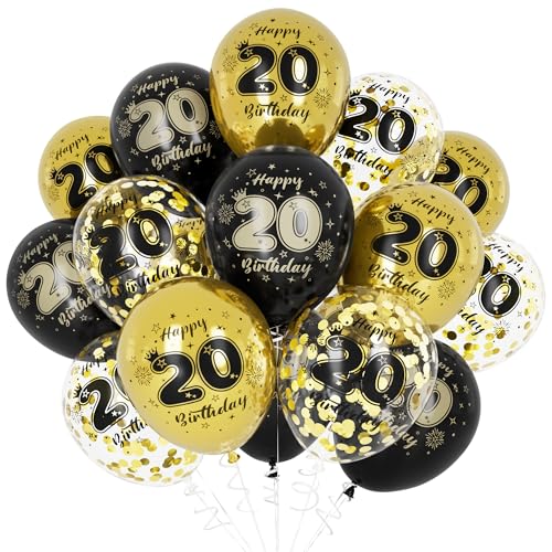 Unisun 20. Geburtstag Luftballons, 20 Jahre Geburtstag Dekorationen für Männer, Happy Birthday Schwarz Gold 20 Jahrestag Ballons Deko für Geburtstag Party Supplies von Unisun