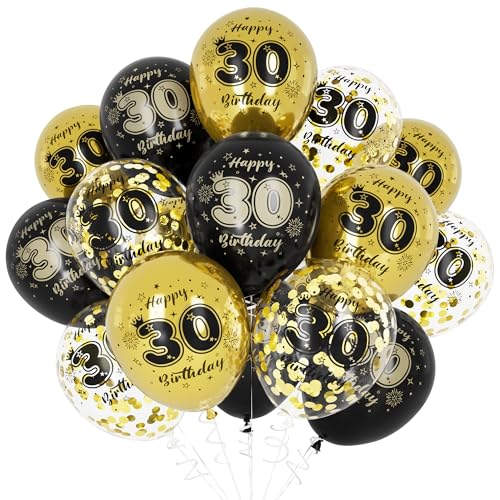 Unisun 30. Geburtstag Luftballons, Dekorationen für Männer Frauen, Happy Birthday Schwarz Gold Jahrestag Ballons Deko für Party Supplies von Unisun