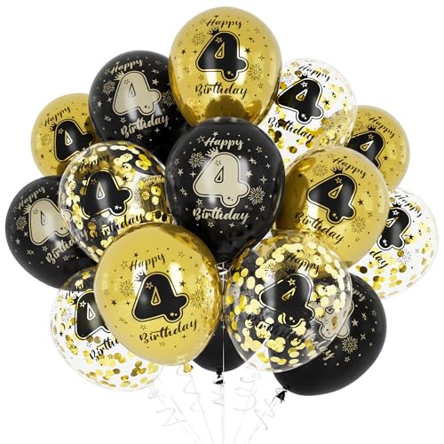 Unisun 4. Geburtstag Luftballons, 4 Jahre Geburtstag Dekorationen für Junge, Happy Birthday Schwarz Gold 4 Jahrestag Ballons Deko für Geburtstag Party Supplies von Unisun
