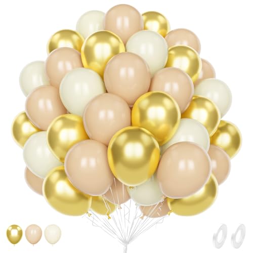Unisun 60Pcs Beige und Gold Luftballons, 12 Zoll Aprikose Weiß Creme Gold Metallic Helium Latex Ballon Pack mit 2Pcs Band für Geburtstag Hochzeit Jahrestag Kinder Baby Shower Party Dekoration von Unisun