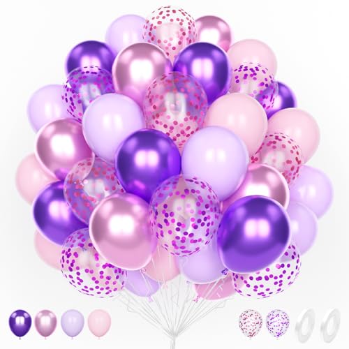 Unisun 60Pcs Lila und Rosa Luftballons, 12 Zoll Pastell Pink Violett Konfetti Metallisch Helium Latex Ballon Pack mit 2Pcs Band für Geburtstag Hochzeit Jahrestag Kinder Baby Shower Party Dekoration von Unisun