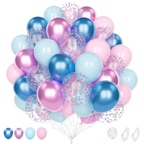 Unisun 60Pcs Rosa und Blaue Luftballons, 12 Zoll Gender Reveal Blau Rosa Konfetti Helium Latex Ballon Pack mit 2Pcs Band für Geburtstag Hochzeit Jahrestag Kinder Baby Shower Party Dekoration von Unisun