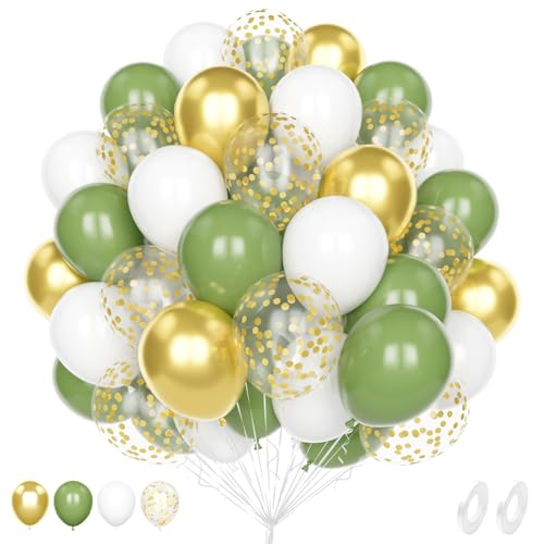 Unisun 60Pcs Salbei Grün und Gold Luftballons, 12 Zoll Grün Weiß Gold Metallic Konfetti Helium Latex Ballon Pack mit 2Pcs Band für Geburtstag Hochzeit Jahrestag Kinder Baby Shower Party Dekoration von Unisun