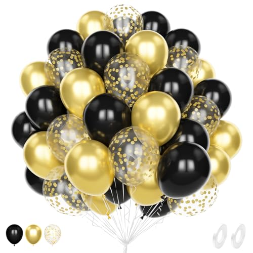 Unisun 60Pcs Schwarz und Gold Luftballons, 12 Zoll Schwarz Gold Metallic Konfetti Helium Latex Ballon Pack mit 2Pcs Band für Geburtstag Hochzeit Jahrestag Kinder Baby Shower Party Dekoration von Unisun