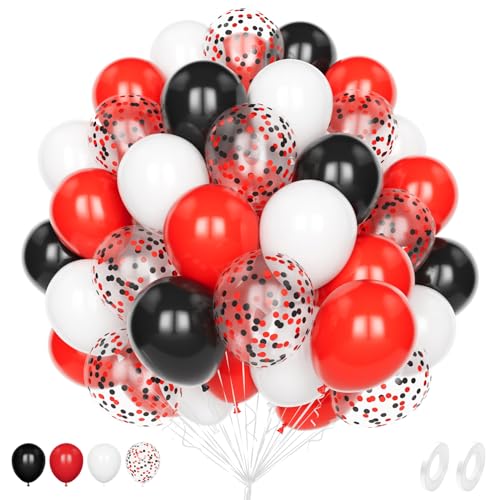 Unisun 60Pcs Schwarz und Rot Luftballons, 12 Zoll Weiß Rot Schwarz Konfetti Helium Latex Ballon Pack mit 2Pcs Band für Geburtstag Hochzeit Jahrestag Kinder Baby Shower Party Dekoration von Unisun