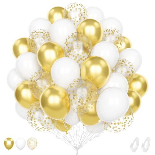 Unisun 60Pcs Weiß und Gold Luftballons, 12 Zoll Weiß Gold Metallic Konfetti Helium Latex Ballon Pack mit 2Pcs Band für Geburtstag Hochzeit Jahrestag Kinder Baby Shower Party Dekoration von Unisun