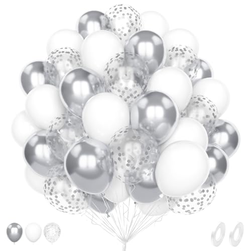 Unisun 60Pcs Weiß und Silber Luftballons, 12 Zoll Weiß Silber Metallic Konfetti Helium Latex Ballon Pack mit 2Pcs Band für Geburtstag Hochzeit Jahrestag Kinder Baby Shower Party Dekoration von Unisun