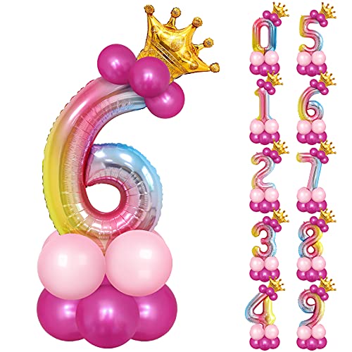 Unisun Geburtstagszahl Ballons, 32-Zoll große Aluminiumfolie-Ballon-Gradient-Digital 6 mit Krone und Rosa Rosa Latexballons für Geburtstagsdekoration, Jubiläum, Hochzeit, Abschlussbedarf von Unisun