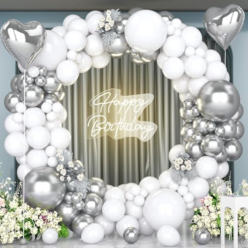 Unisun Silber Weiße Ballons Bogen Kit, 147pcs Weiße Metallische Silber Luftballons Girlande mit 18'' Silber Herz Folie Ballons für Hochzeit Geburtstag Party Dekoration Jubiläum Verlobung Baby Shower Unisun Silber Weiße Ballons Bogen Kit, 147pcs Weiße Metallische Silber Luftballons Girlande mit 18'' Silber Herz Folie Ballons für Hochzeit Geburtstag Party Dekoration Jubiläum Verlobung Baby Shower von Unisun