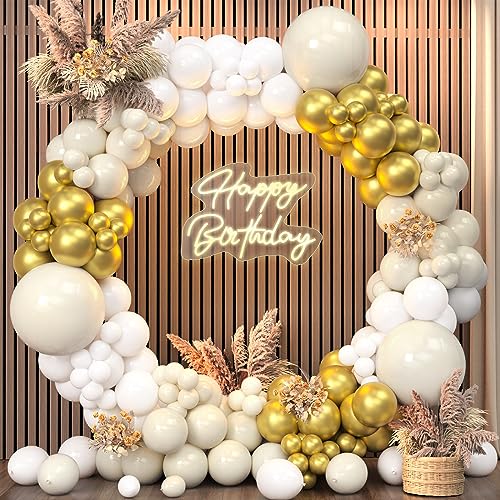Unisun Weiße Gold Ballons Bogen Kit, 143 Pcs Sand Weiße Gold Luftballons Girlande mit Nackt Beige Ballons für Geburtstagsfeier Dekoration Boho Hochzeit Jubiläum Baby Shower Engagement Gender Reveal von Unisun