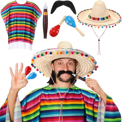 Unittype 6-teiliges México Kostüm-Set Sombrero Hut México Poncho Schnurrbart Maracas Cinco De Mayo Outfit für Herren und Damen, Leuchtende Farben, about 70 cm/ 27.56 inches in length and 140 cm/ 55.12 Unittype 6-teiliges México Kostüm-Set Sombrero Hut México Poncho Schnurrbart Maracas Cinco De Mayo Outfit für Herren und Damen, Leuchtende Farben, about 70 cm/ 27.56 inches in length and 140 cm/ 55.12 von Unittype