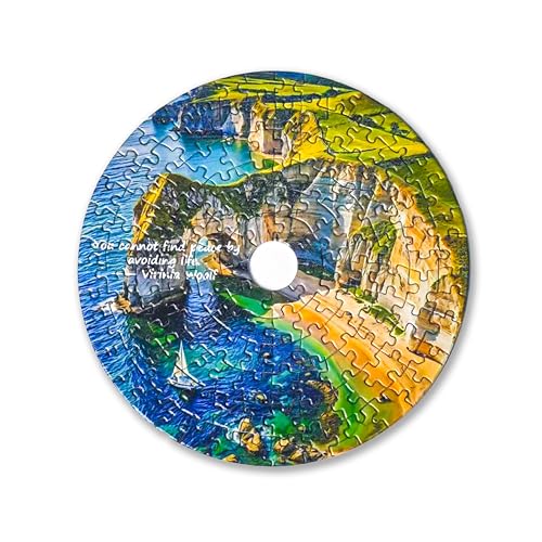 Universal Castle 144 Teile Mini-Puzzle, Meditatives CD-förmiges Puzzle mit Motivationszitaten & Landschaftskunst, mit aufstellbarer Box, Inspirierendes Geschenk (Current Calm) von Universal Castle