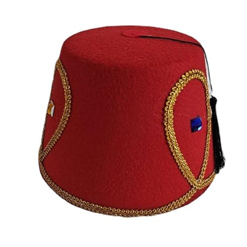 Unletters Fez Hut Klassischer türkischer und marokkanischer Karneval Kopfbedeckung Halloween Cosplay Exquisiter türkischer Hut aufwendige schwarze Quasten Shriner Hut, a, M von Unletters