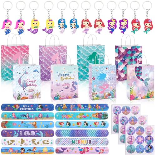 Unvtap 59 Stück Meerjungfrau Geburtstag Mitgebsel Kindergeburtstag Mädchen Meerjungfrauen Deko Geschenktüten Meerjungfrau Schnapparmband Schlüsselanhänger und Meerjungfrau Aufkleber Gastgeschenke von Unvtap