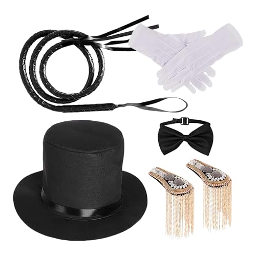 Zirkus-Kostüm-Zubehör, Zylinder-Epaulette-Set, Fliege, Handschuhe, Peitsche, dekorative Schulterklappen, Hüte, Unisex-Design, perfekt für Cosplay, Themenveranstaltungen, Partys, Zirkusaufführungen von Uonguon