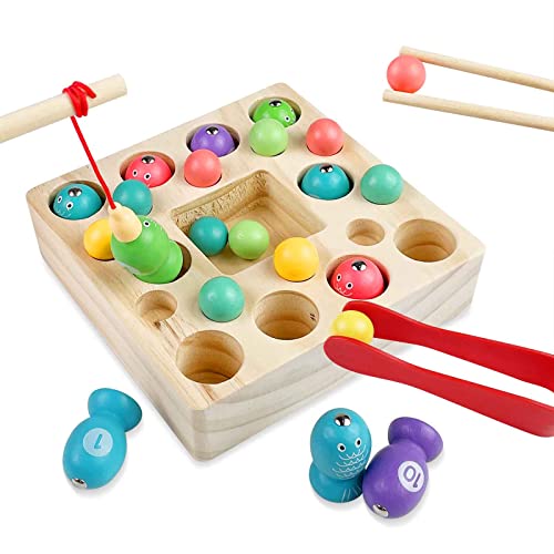 Uootach Magnetische Angelspiel Spielzeug, Holzspielzeug mit Angelrute, ädagogisches Kinderspielzeug, 2 in 1 Montessori Lernspielzeug, Geeignet für 2 3 4 5 jährige Kinder Jungen Mädchen von Uootach