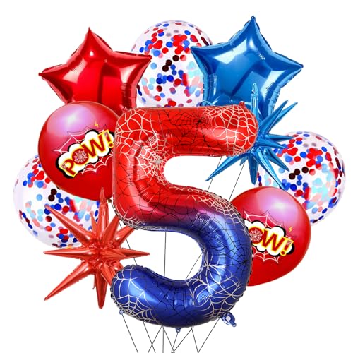 Folienballons, 101,6 cm, Spinnen-Motiv, Zahl 5, Geburtstagsdekoration, Cartoon-Held, rotes und blaues Spinnennetz-Design für Kinder, großer Mylar-Ballon, 5. Zahl, Cartoon-Party, Geburtstagszubehör, 10 Folienballons, 101,6 cm, Spinnen-Motiv, Zahl 5, Geburtstagsdekoration, Cartoon-Held, rotes und blaues Spinnennetz-Design für Kinder, großer Mylar-Ballon, 5. Zahl, Cartoon-Party, Geburtstagszubehör, 10 von Uosrua