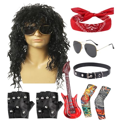 Uozonit Rocker Kostüm Set, 80er Jahre Rocker Kostüm Set für Herren, Disco-Kostüm-Zubehör aus Metall | Schwermetall-Schaukelkostüm für Männer, 9-teilig, Schaukelperücken Uozonit Rocker Kostüm Set, 80er Jahre Rocker Kostüm Set für Herren, Disco-Kostüm-Zubehör aus Metall | Schwermetall-Schaukelkostüm für Männer, 9-teilig, Schaukelperücken von Uozonit
