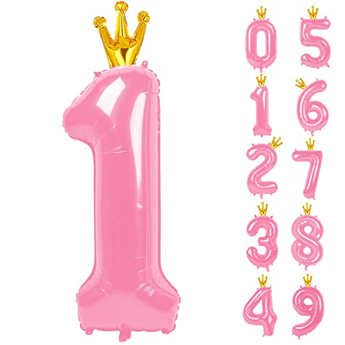 101,6 cm großer rosa Zahlenballon 0-9 (Null-Neun) mit Krone, großer Happy Birthday-Ballon, Folienballon für Geburtstagsparty, Hochzeit, Jahrestag, Rosa 1 von Upgesy